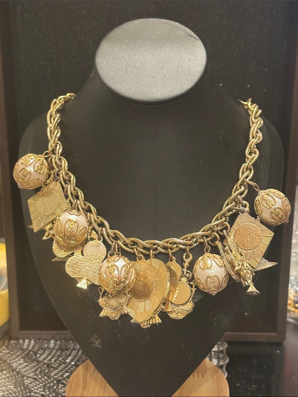Vintage 1970 Gold -Tone Charm Bib Necklace with Enamel Orbs
